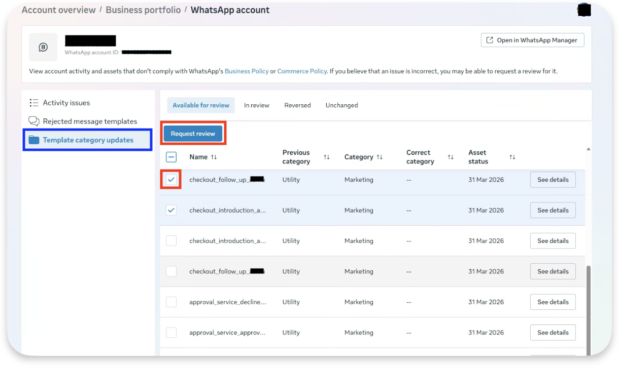 The list of Meta template category updates with the Request Review button