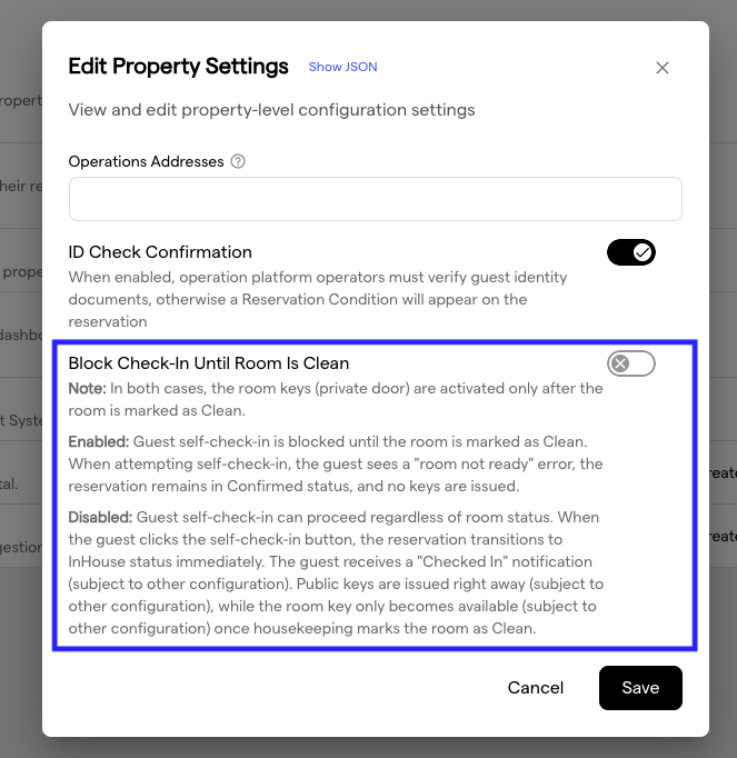 The Edit Property Settings dialog with the Block Check-In Until Room Is Clean switch highlighted