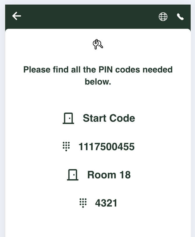 The guest keys page listing a start code and a room PIN code