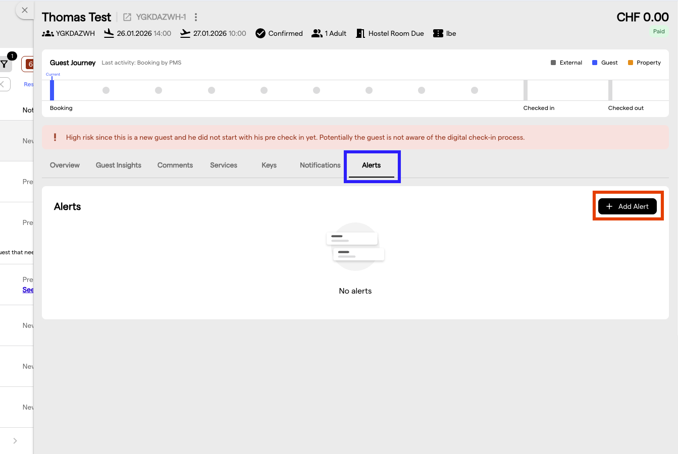 The Alerts tab of a reservation with the Add Alert button