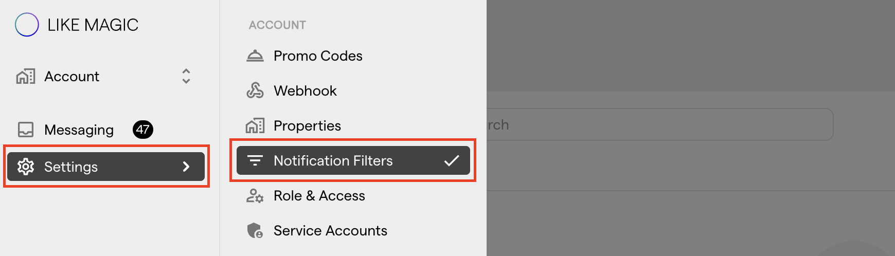 The sidebar with Settings open and Notification Filters highlighted in the Account section