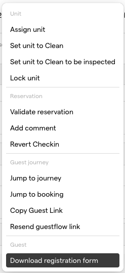 The action menu on the Reservation Details Page, with Download registration form selected
