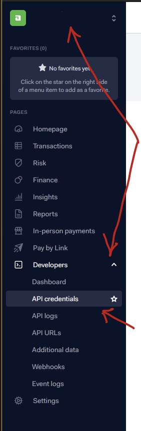 The Adyen Customer Area sidebar with the merchant account switcher at the top and Developers > API credentials highlighted
