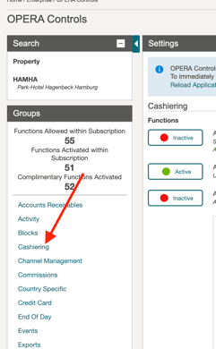 The OPERA Controls page with the Cashiering group selected in the Groups list