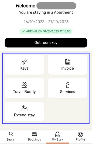 My Stay page with the navigation item tiles