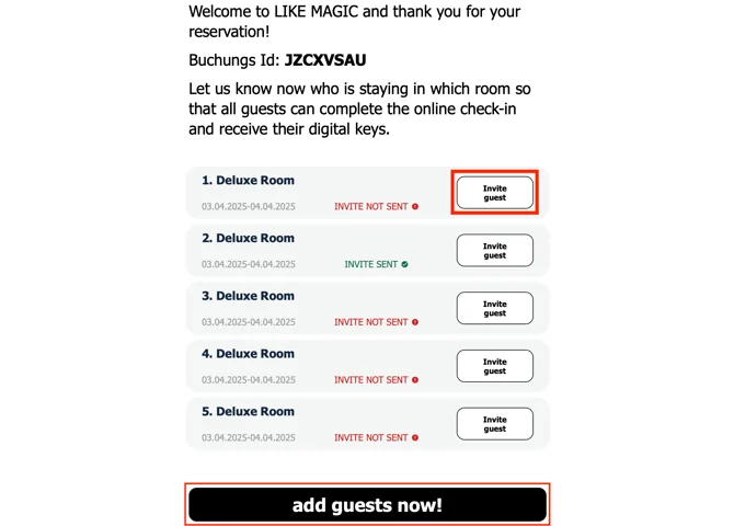 The email the Booker receives, with the buttons to invite a guest or add the travellers now