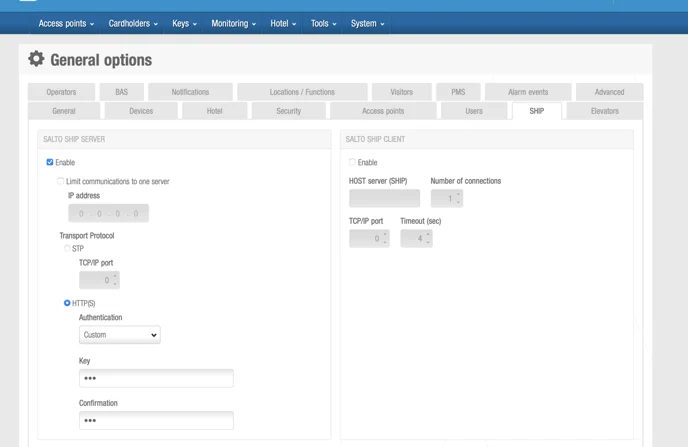 The SHIP tab of General options in ProAccess Space, with the SALTO SHIP server enabled, HTTP(S) selected and the custom key fields