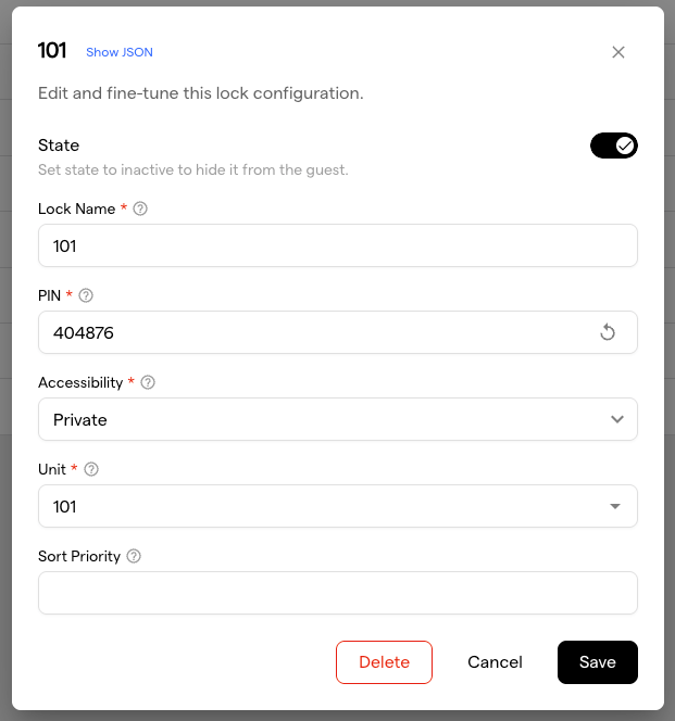 The lock configuration dialog for lock 101, with State active, Lock Name, PIN, Accessibility Private and Unit 101