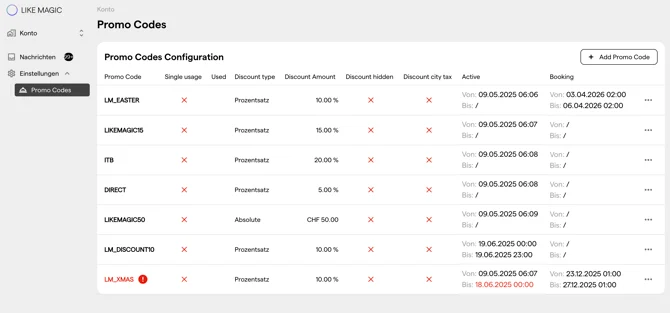 Promo Codes Configuration table with one promo code per row, showing discount type, discount amount and the Active and Booking date ranges, and an Add Promo Code button above the table