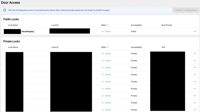 The Door Access page listing public and private locks, with customer-specific values masked