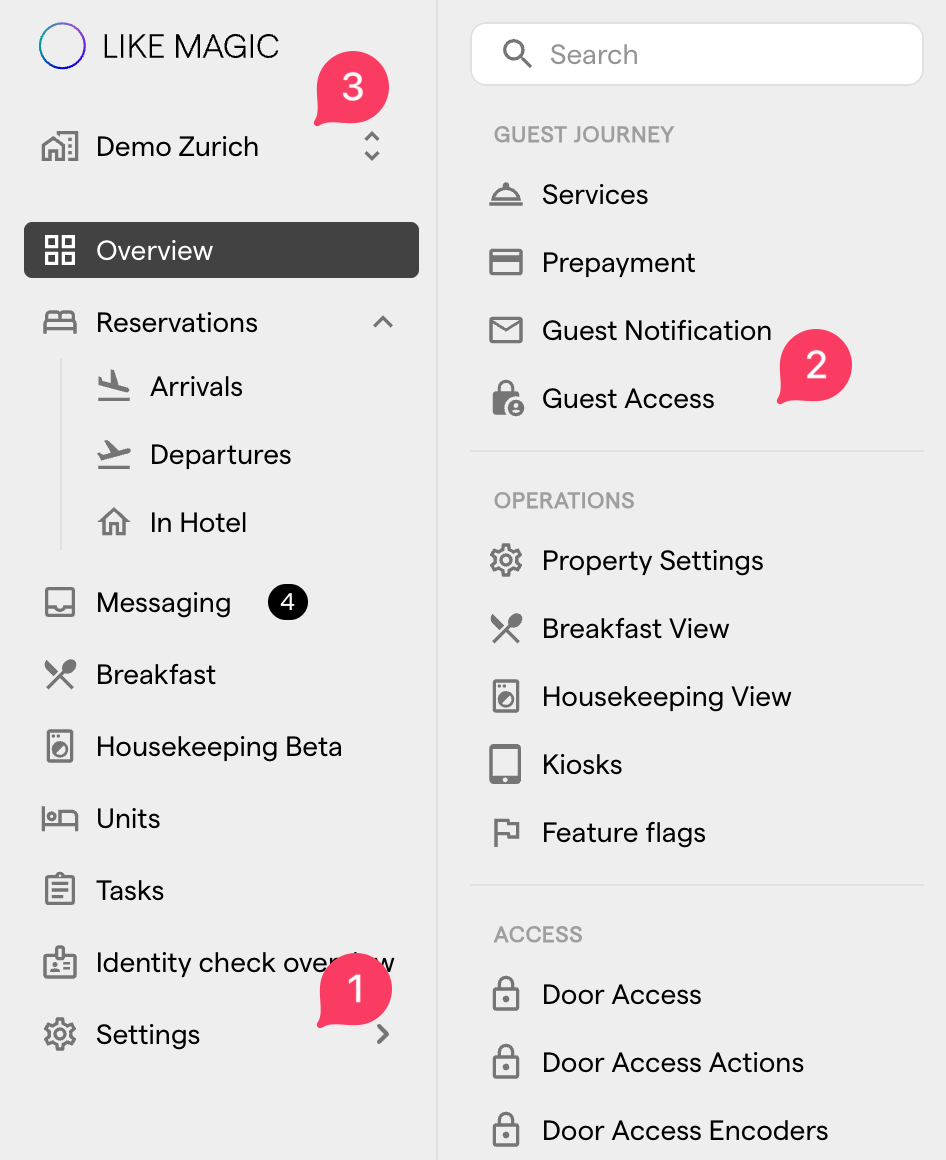 The Operations Platform sidebar with Settings open, the Guest Access entry in the Guest Journey section, and the property switcher at the top