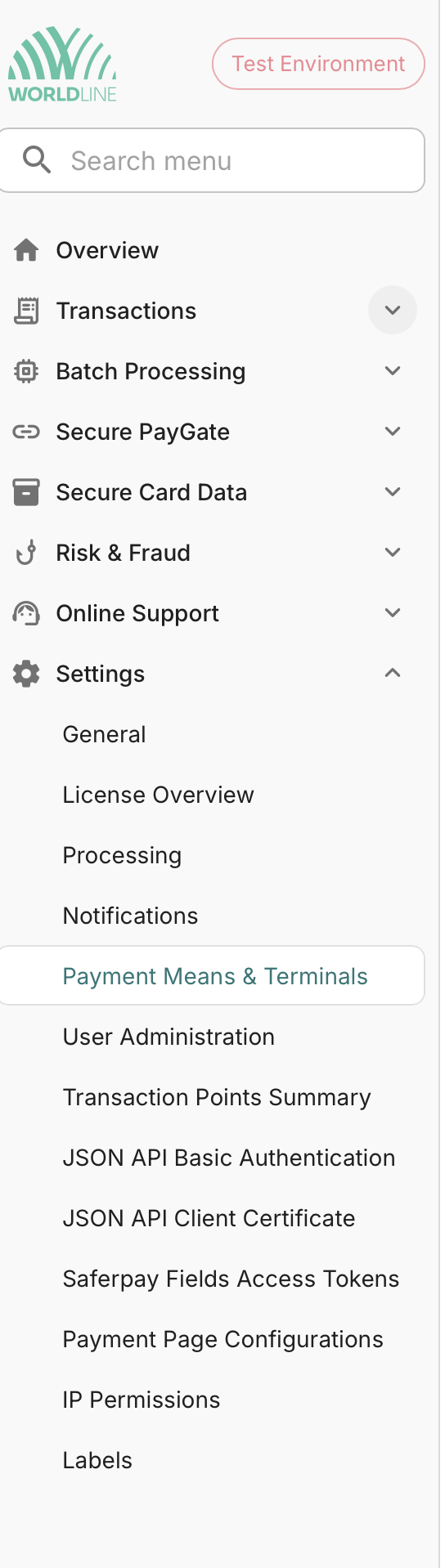 The Saferpay Backoffice menu with Payment Means &amp; Terminals highlighted under Settings