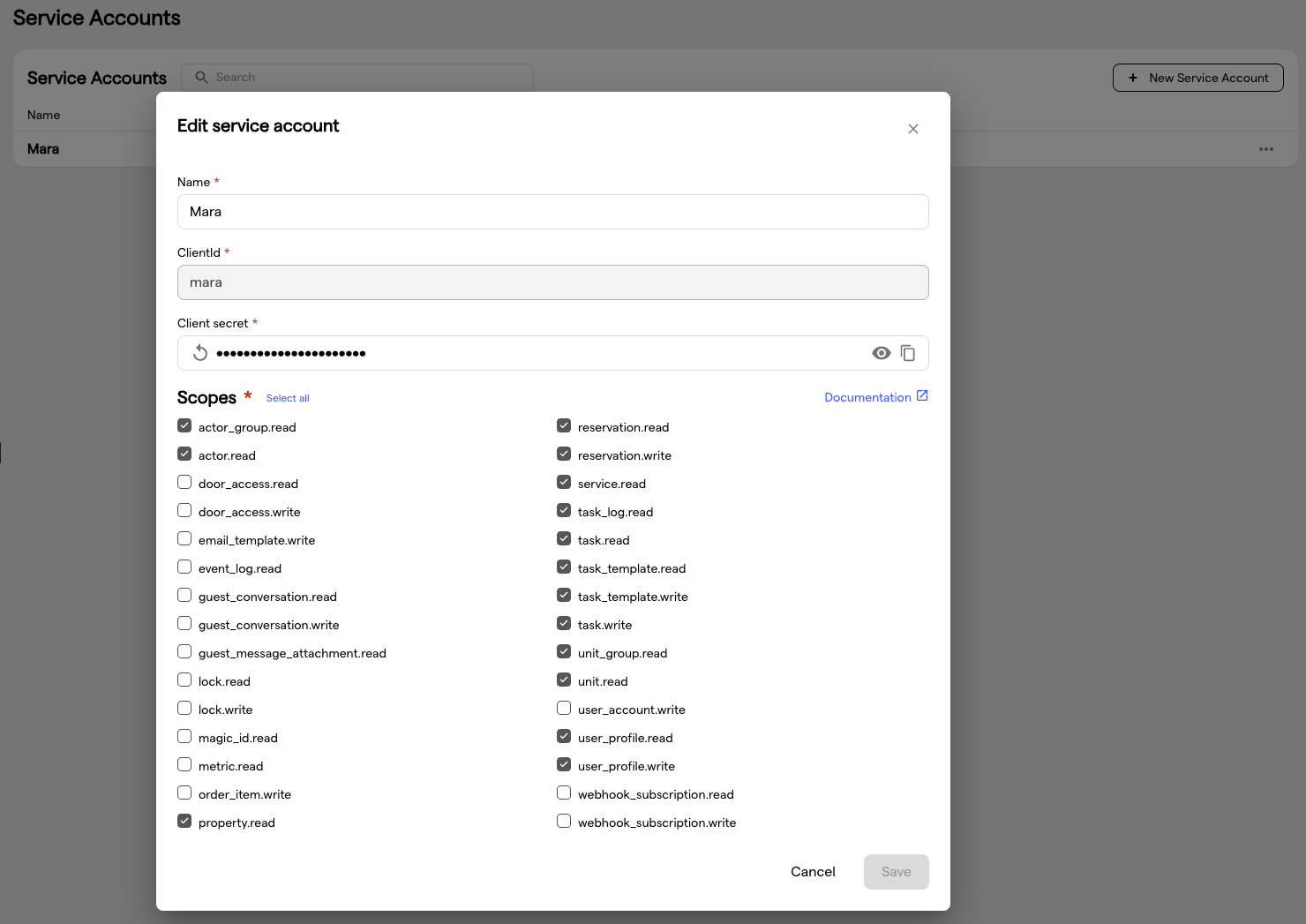 The scope selection in the Service Account dialog