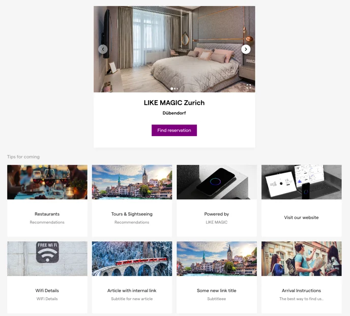 The Info Stay view of the Digital Guest Portal with the property card and the content tiles