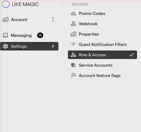 The Settings section of the sidebar with the Role &amp; Access entry