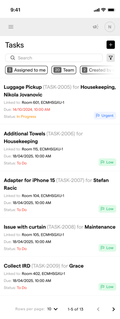The mobile task list, with the quick filters and a status and priority tag on every task