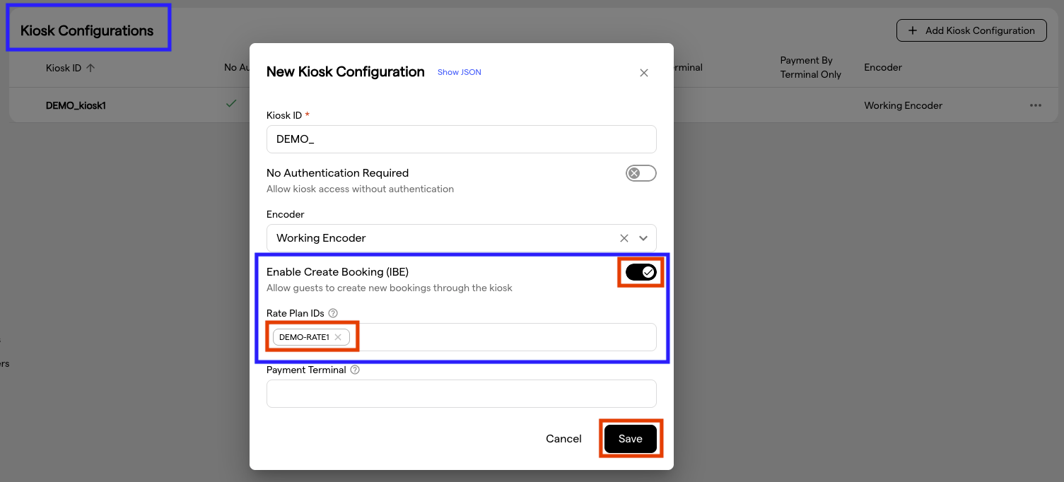 The kiosk configuration modal with Enable Create Booking (IBE) switched on and a Rate Plan ID entered
