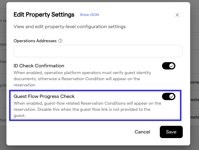 The Edit Property Settings dialog with the Guest Flow Progress Check switch highlighted