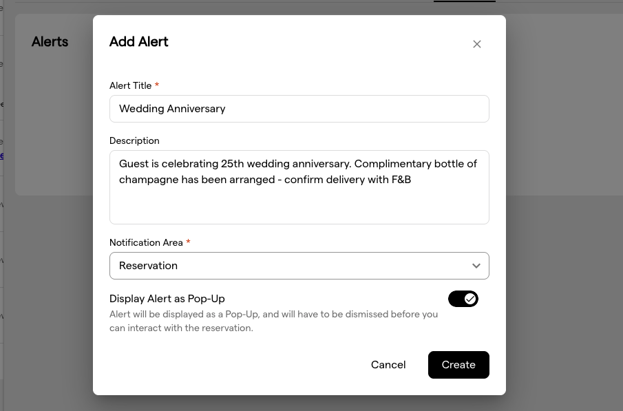 The Add Alert modal with the Alert Title, Description and Notification Area fields and the Display Alert as Pop-Up switch