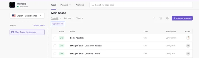 Prismic document list filtered by Type Link