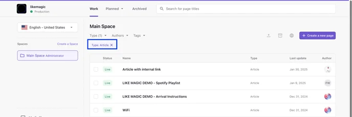 Prismic document list filtered by Type Article