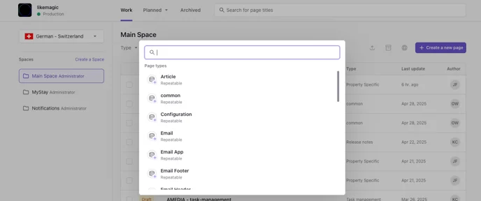 Prismic main page with the purple Create new button