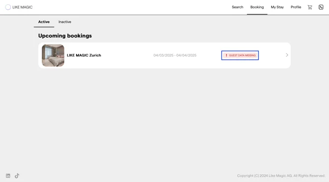 The Booking tab of the guest app with the upcoming booking flagged Guest data missing