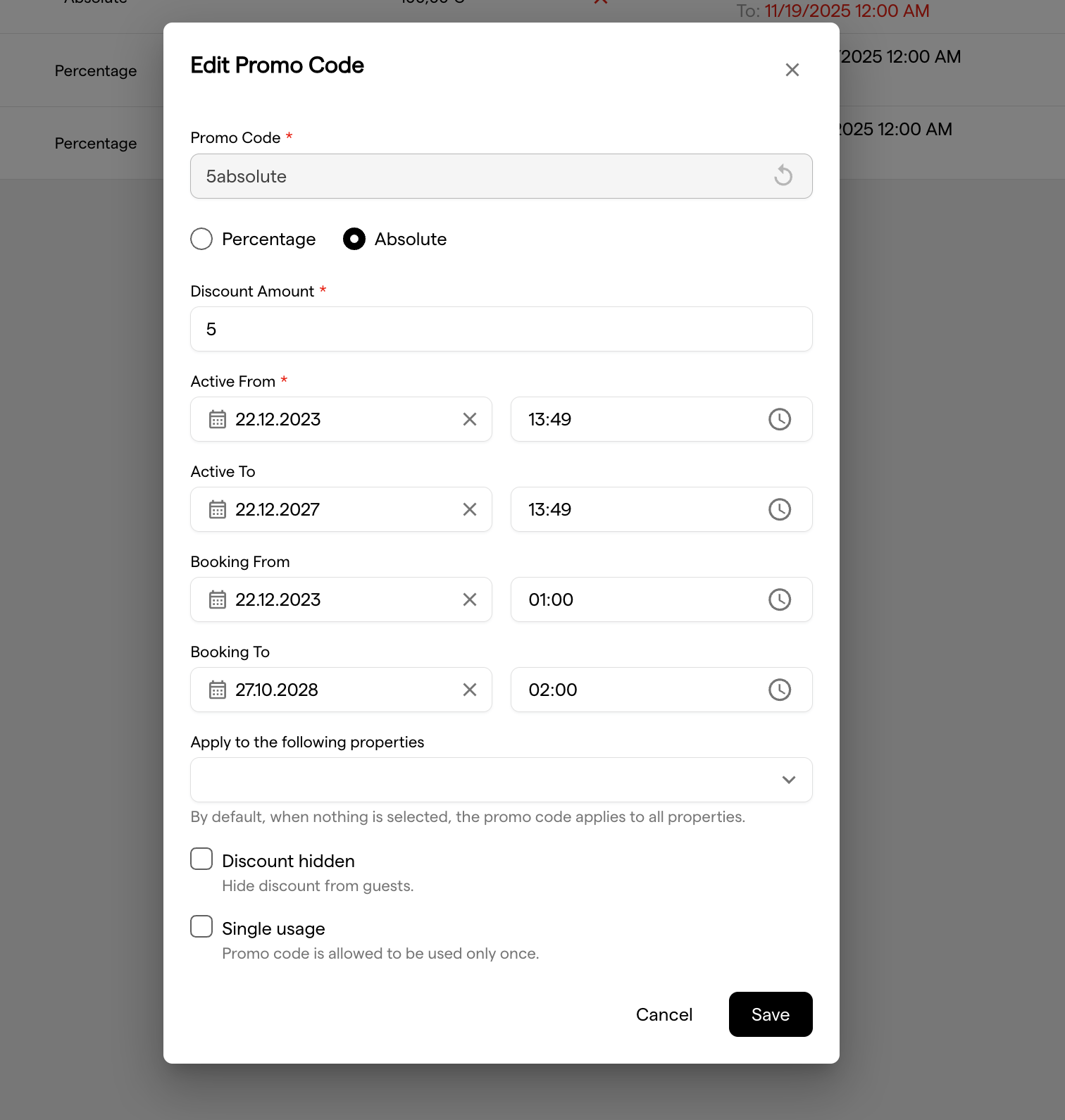 Create Promo Code modal with the fields Promo Code, the Percentage and Absolute options, Discount Amount, Active From and Active To, Booking From and Booking To, the property selector, and the Discount hidden and Single usage checkboxes