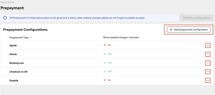 The Prepayment page listing each prepayment type with its guest-display setting, and the Add prepayment configuration button