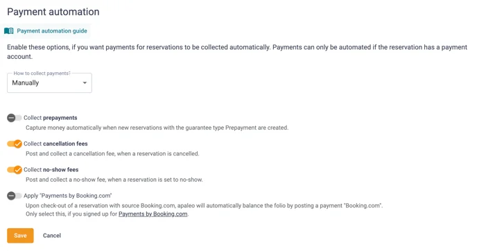 Apaleo's Payment automation settings: collection set to Manually, prepayments off, cancellation fees and no-show fees on, and Payments by Booking.com off