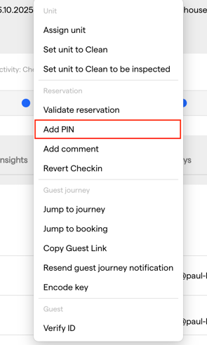The reservation action menu with the Add PIN action highlighted