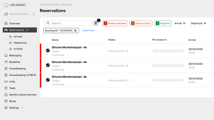 The reservation table filtered down to a single group booking
