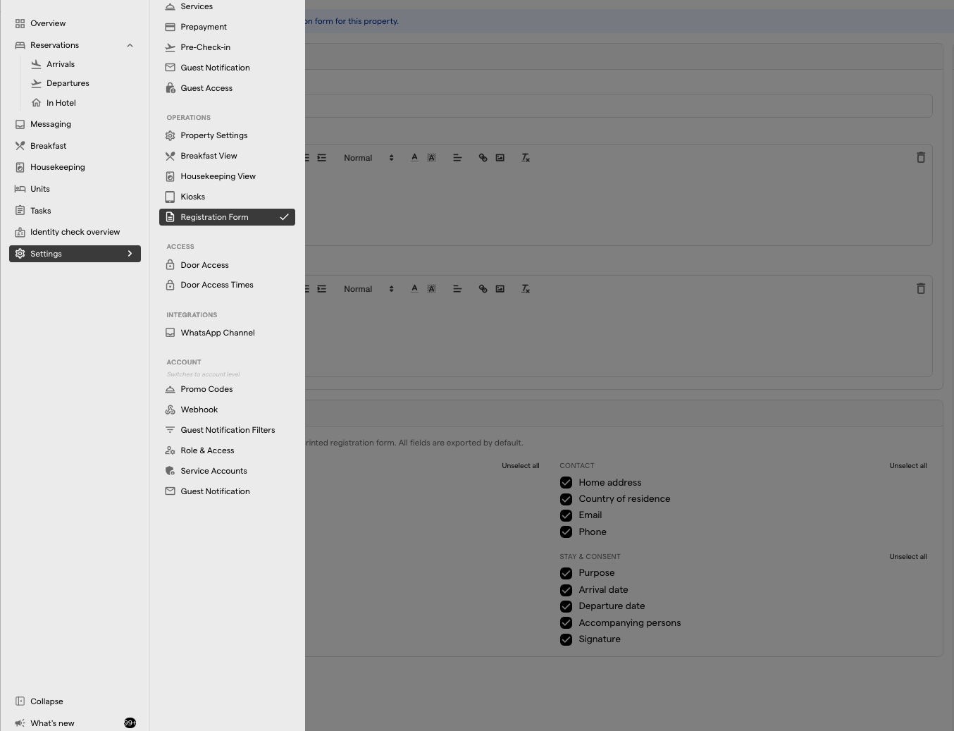 The Registration Form configuration with the form title, legal texts and exported fields