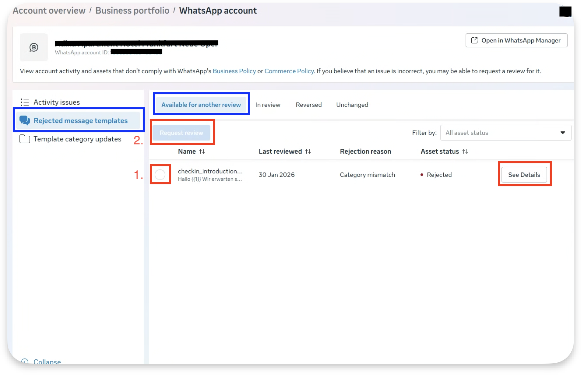The list of rejected message templates with the See Details link
