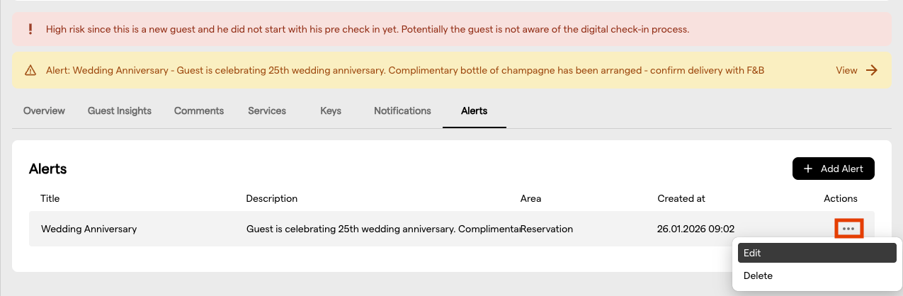 The alerts table with the more-actions menu open on Edit and Delete
