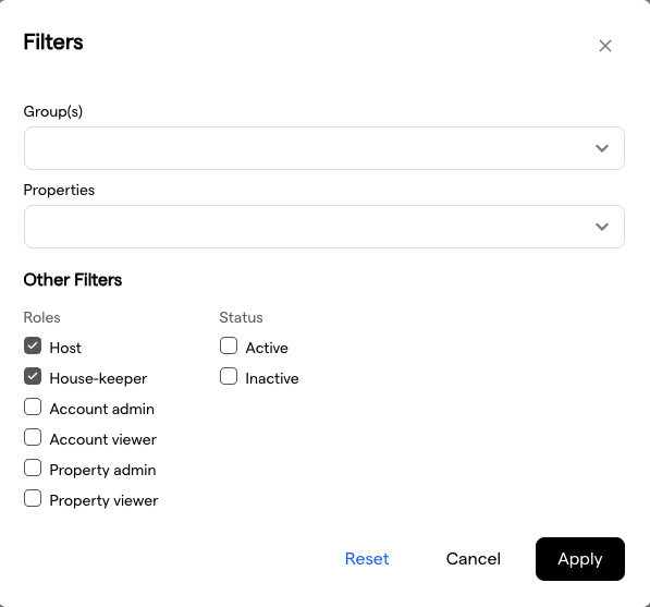 The filter dialog with the Group(s), Properties, Roles and Status filters