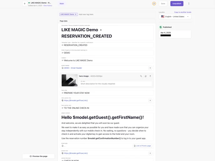 Email template view with the three technical fields at the top