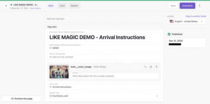 Article document in Prismic with the Main, Card and Details sectors