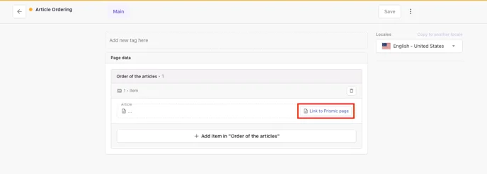 New Article Ordering document with the Link to Prismic page field