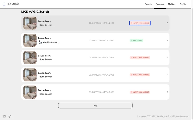 The reservations of the booking, each with a Guest data missing or Invite sent chip