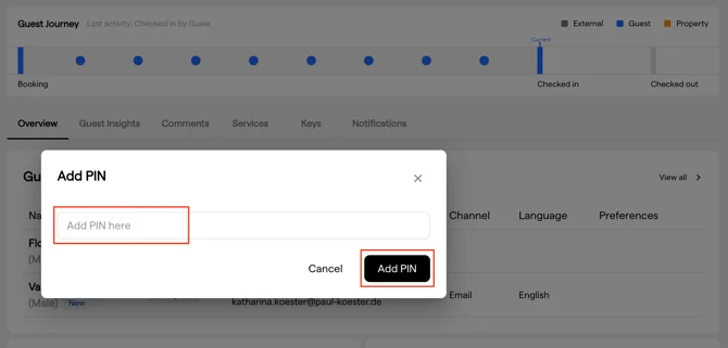 The Add PIN dialog on a reservation, with the input field and the Add PIN button