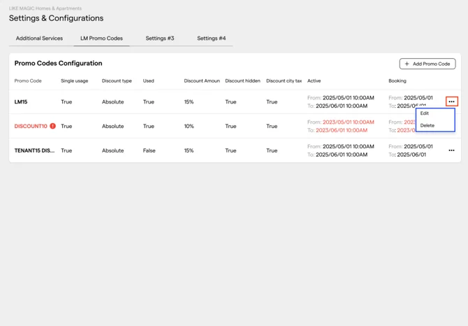 Row context menu open on the Promo Codes table, showing the Edit and Delete actions