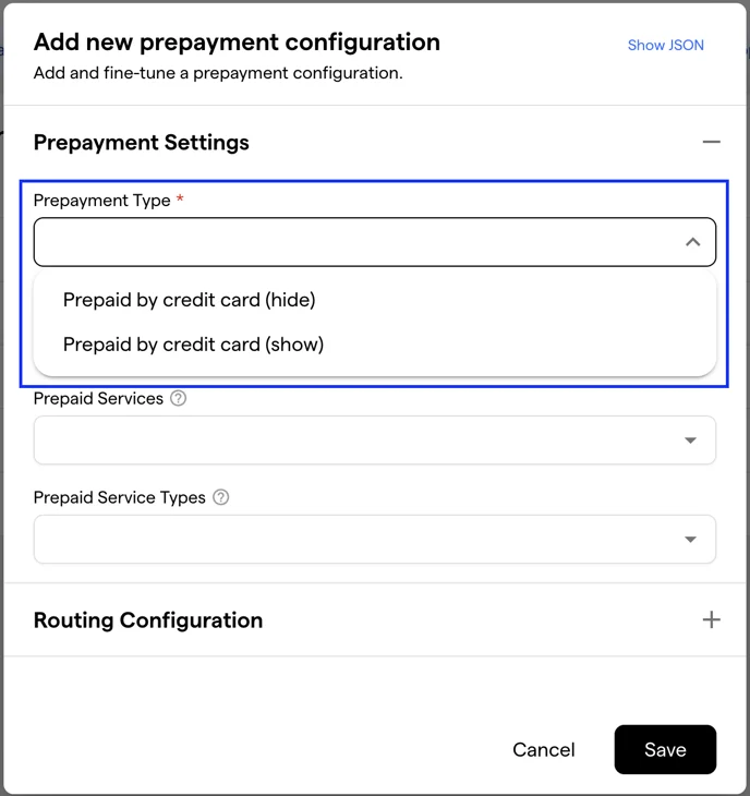 The Add new prepayment configuration dialog with the Prepayment Type dropdown open on the two credit-card options