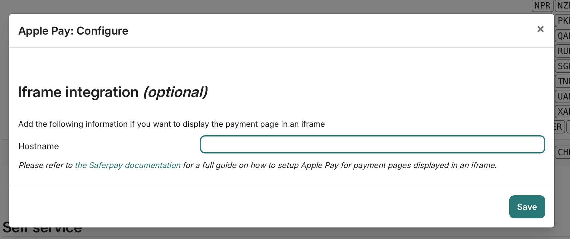 The Apple Pay Configure dialog with the Hostname field and the Save button