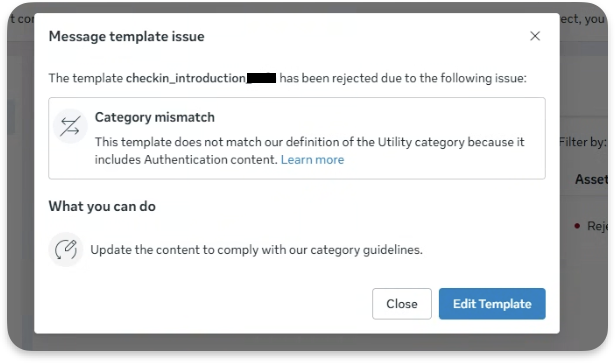 The rejection details for a single template