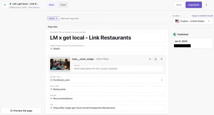 Fields of the link document with URL and title