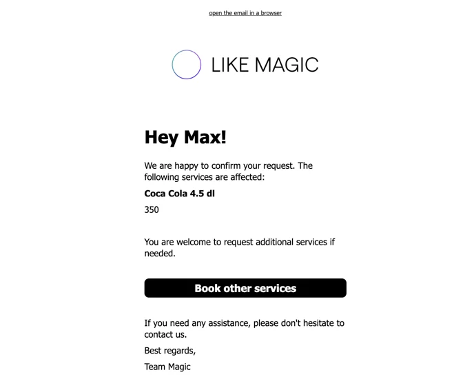 Guest notification confirming an approved service