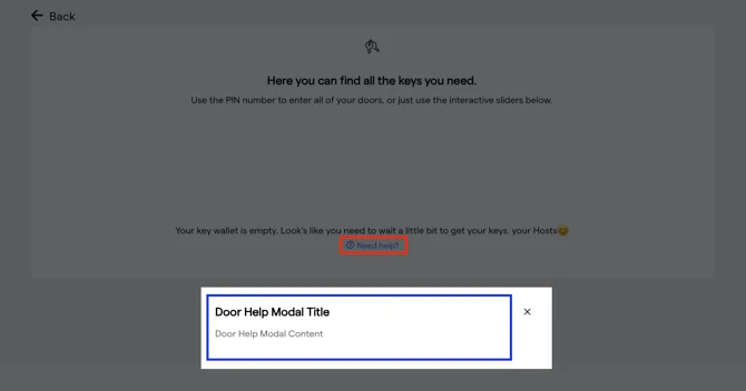 The guest keys page with the Need help link highlighted and the door help modal open