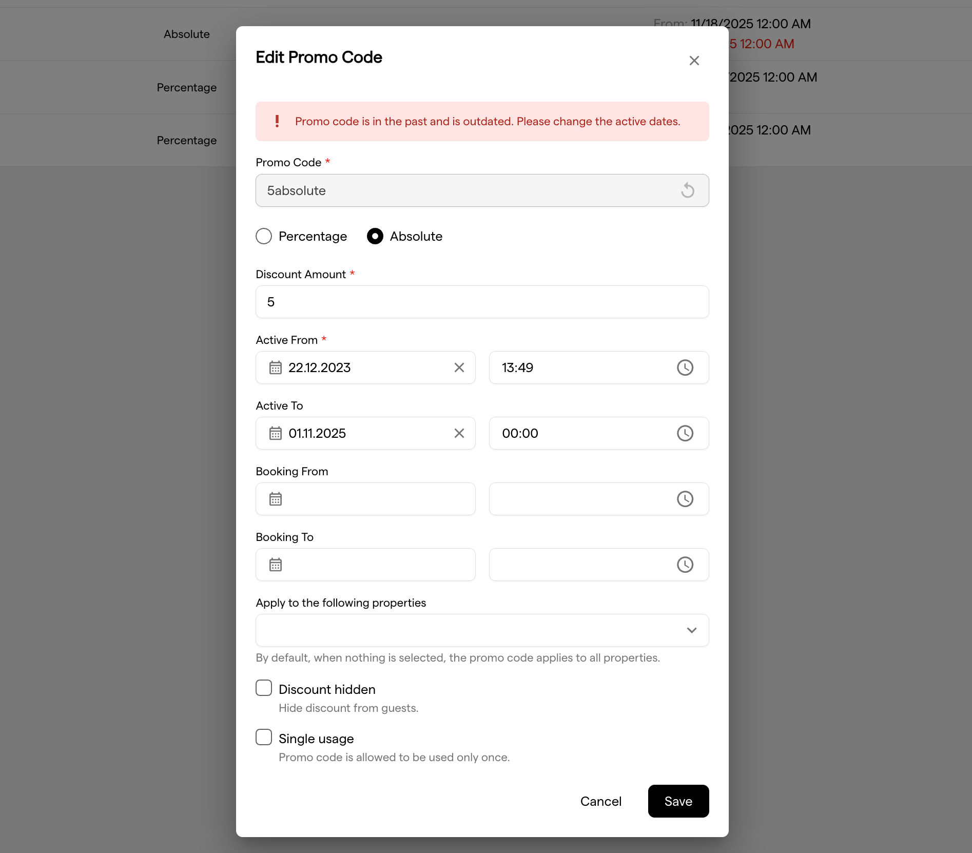 Edit Promo Code modal pre-filled with an outdated code, with a red error banner above the fields