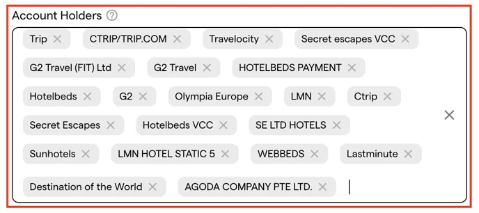 The Account Holders field filled with OTA and virtual-card holder names as removable chips